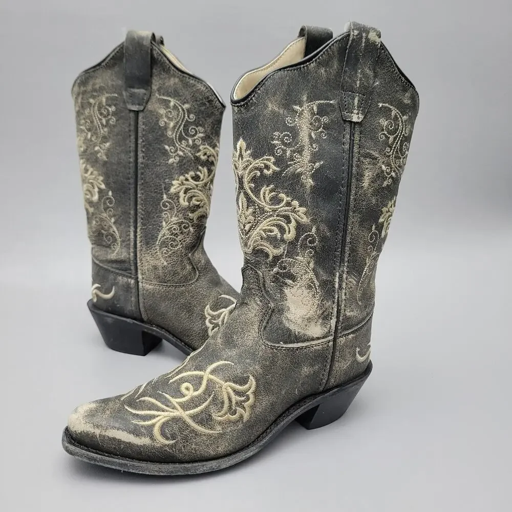 Old West Embroidered Leather Snip Toe Cowboy Boots Youth Kids Size 2.5 D Style